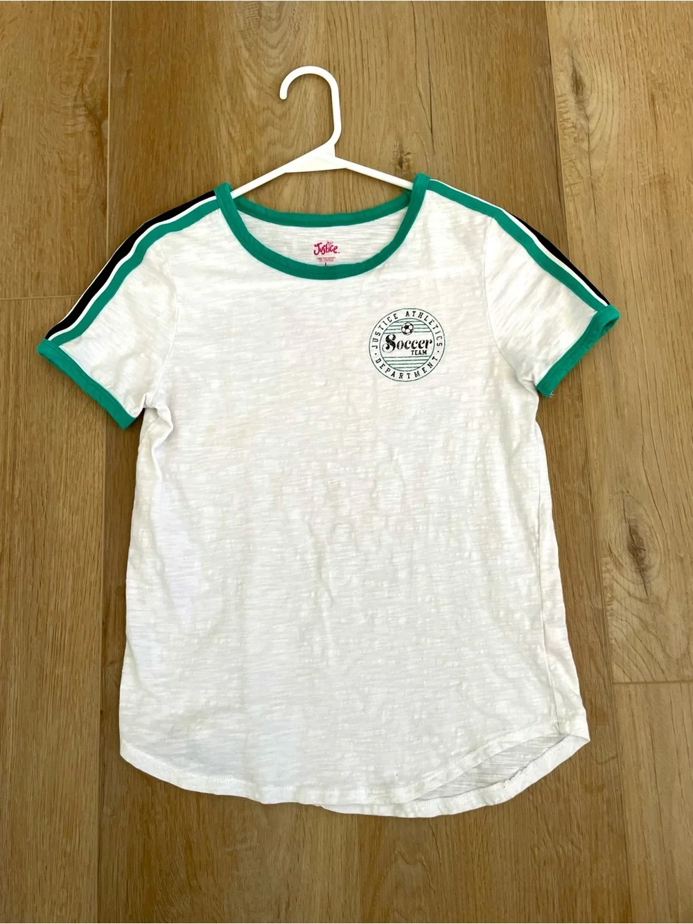 Justice Girls Soccer Team Graphic T Shirt White Green Ringer Stripe Top Size L